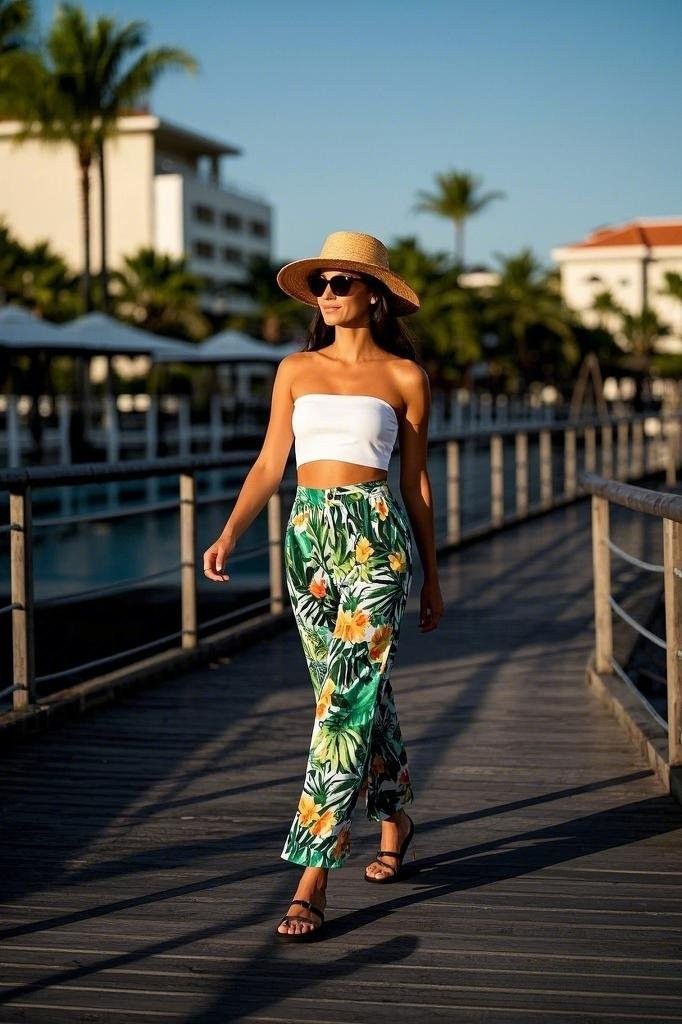 Tropical Getaway Chic: White Bandeau Top - Paired with Bold Floral-Print Wide-Leg Pants - Accessorized with a Sun Hat - and Sandals