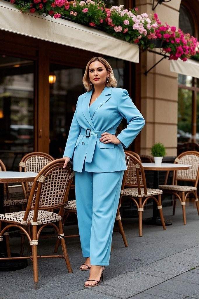 Power in Pastels: A Tailored Pastel Blue Pantsuit - with a Belted Blazer - Styled with Strappy Heels - and Statement Earrings