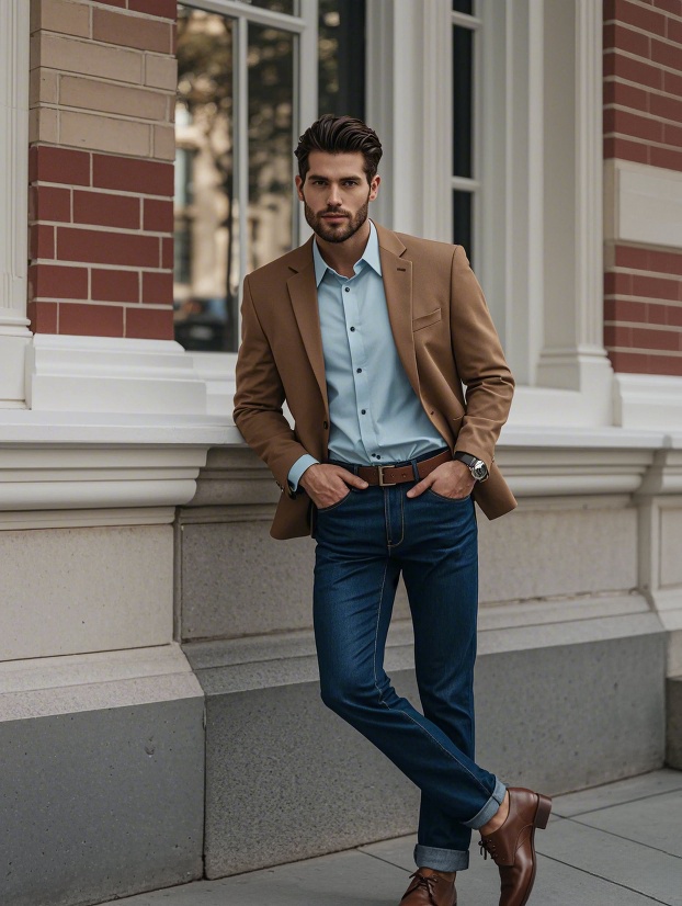 Man in a light blue dress shirt with dark blue jeans