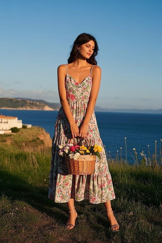 Coastal Bloom Elegance: A Floral-Printed Midi Sundress - with Thin Traps, a Ruffled Hem - and a Fitted Bodice - Complemented by Strappy Sandals