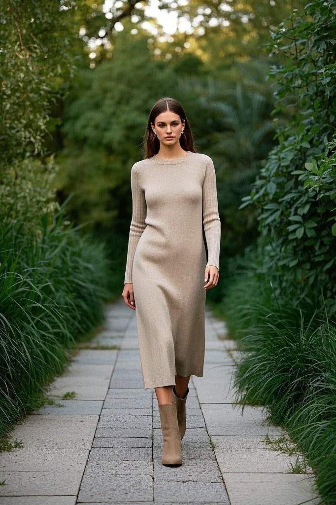 Elegant Minimalist: A Fitted Beige Knit Dress - with Long Sleeves - and Matching Ankle Boots