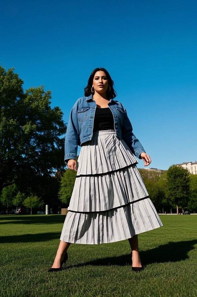 Denim & Layers: A Cropped Denim Jacket - Over a Black Top - Paired with a Tiered Pleated Maxi Skirt - and Black Pointed-Toe Heels