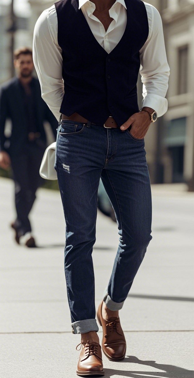Man in a white dress shirt with distressed dark blue jeans