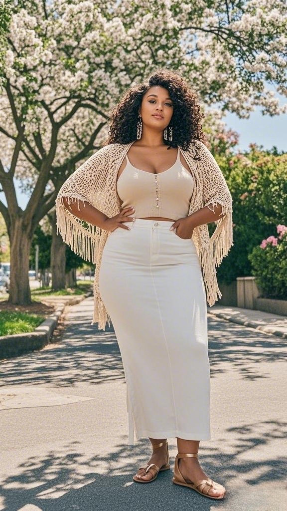 A plus-size woman wearing a beige crop top and maxi skirt in spring