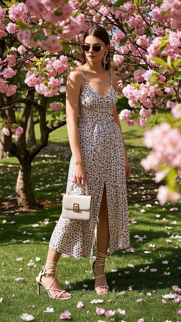 A woman wearing a leopard - print midi dress paired with white strappy high - heeled sandals against a backdrop of pink flowers