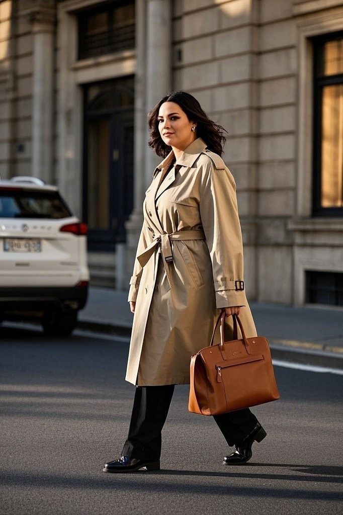 Classic Trench Coat Ensemble: A Beige Trench Coat - Layered Over Black Pants - Accessorized with a Brown Leather Handbag - and Black Leather Shoes
