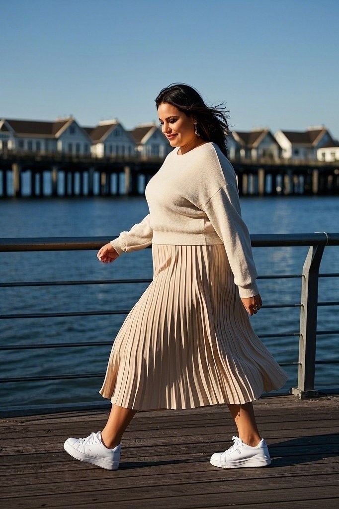 Effortless Neutrals: A Cozy Beige Sweater - Tucked into a Flowing Pleated Beige Midi Skirt - Styled with White Sneakers for a Casual Yet Elegant Look