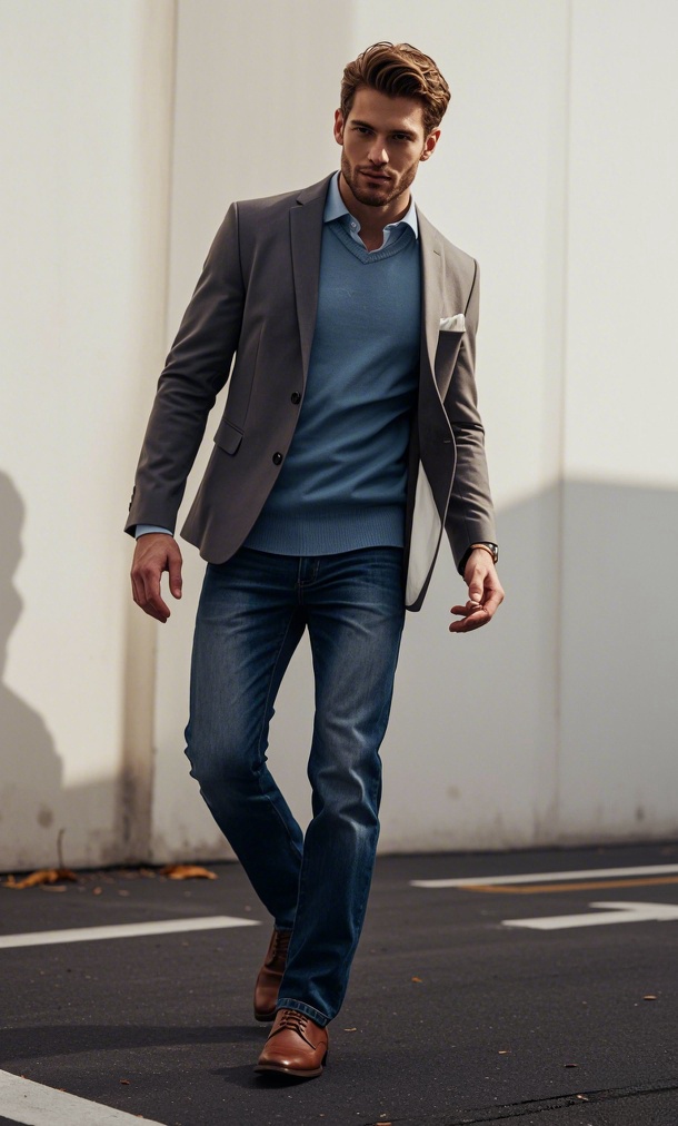 Man in a light grey blazer with dark blue jeans