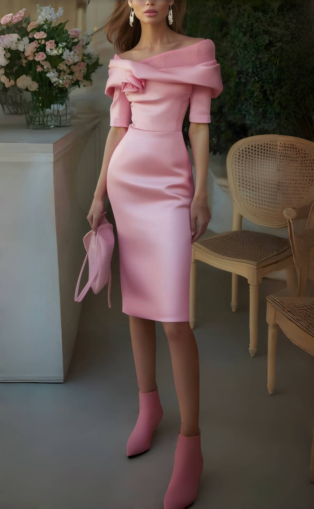 A woman wearing a pink off - shoulder midi dress paired with pink pointed - toe ankle boots in a flower - filled garden