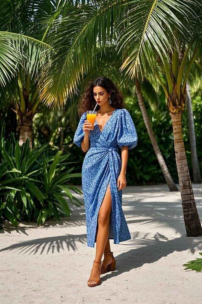 Island Sophistication: Blue Floral Wrap Dress - with Puffed Sleeves - a deep V-neck - a Thigh Slit - and Block Heels