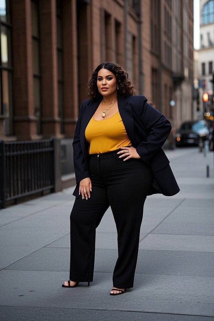 Power Dressing in Bold Tones: A Navy Blazer - Over a Mustard Yellow Top - Black High-Waisted Trousers - Black Heeled Sandals - and Gold Accessories