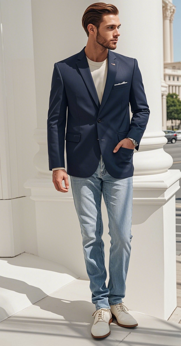Man in a navy blue blazer with light blue jeans