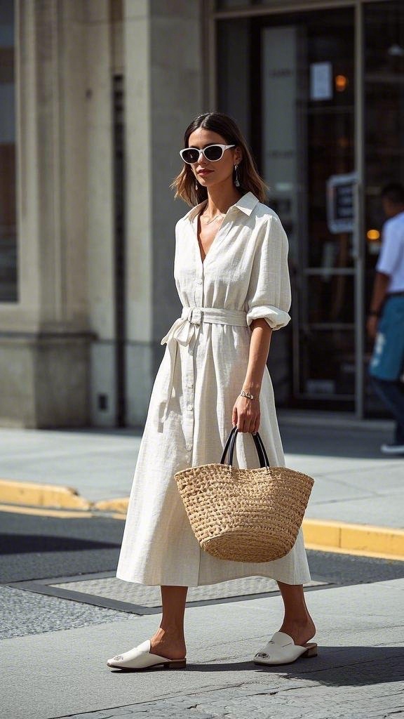 A woman wearing a light beige shirt dress paired with white slip - on mules, holding a large woven straw tote