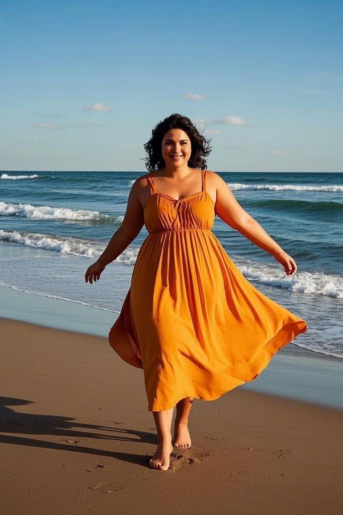 Sunlit Beach Bliss: Bright Orange Flowing Sundress - with Spaghetti Straps - Worn Barefoot for a Carefree Beach Look