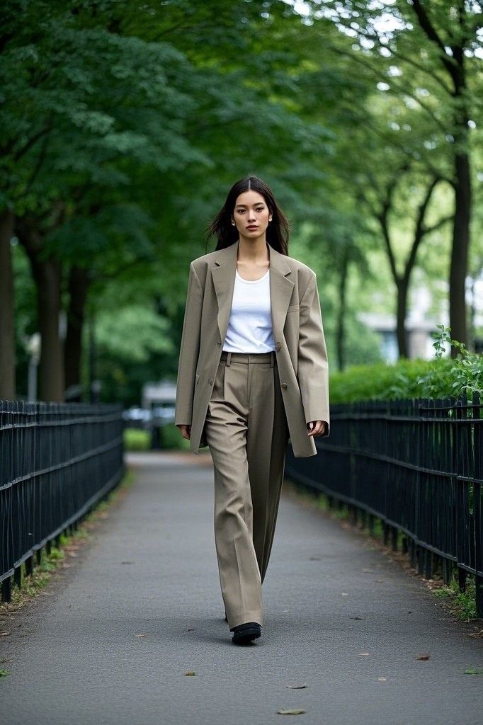 Structured Neutrals: A Khaki Oversized Suit - with a White T-shirt - and Black Shoes