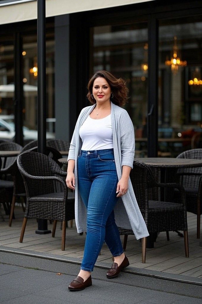 Casual Café Look: A White Tank Top - Layered Under a Light Gray Longline Cardigan - Paired with Blue Skinny Jeans - and Brown Loafers
