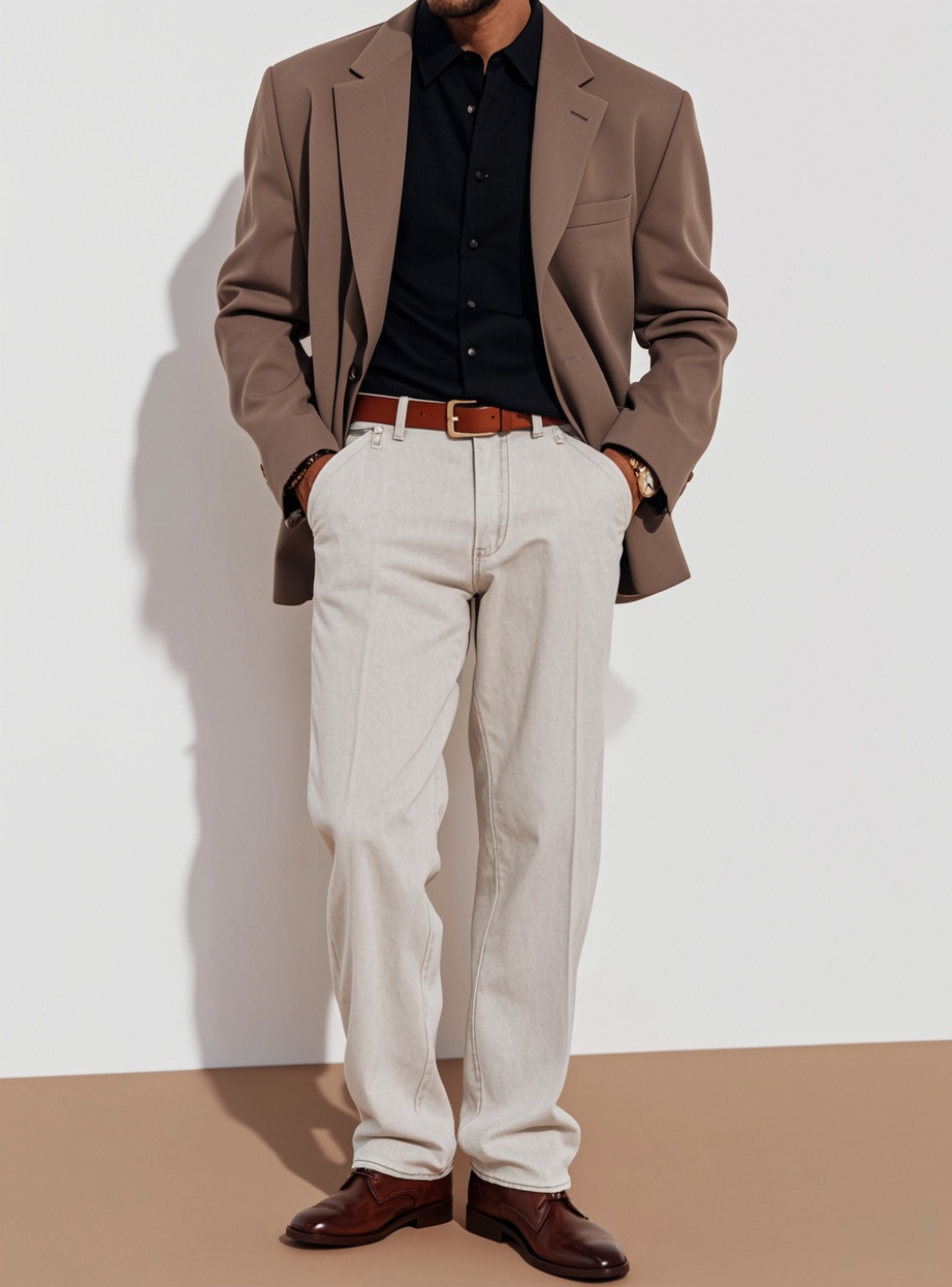 Man in a light brown blazer with light beige trousers