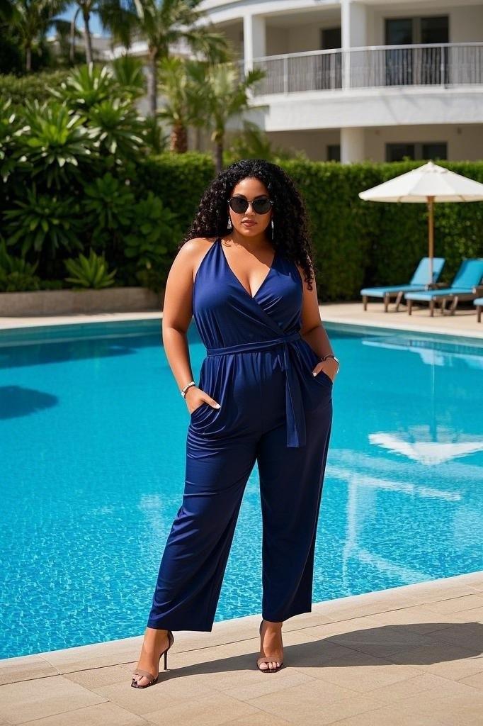 Poolside Power Jumpsuit: Navy-Blue Wrap Jumpsuit - with a Belted Waist - Styled with Heels - Sunglasses - and Hoop Earrings