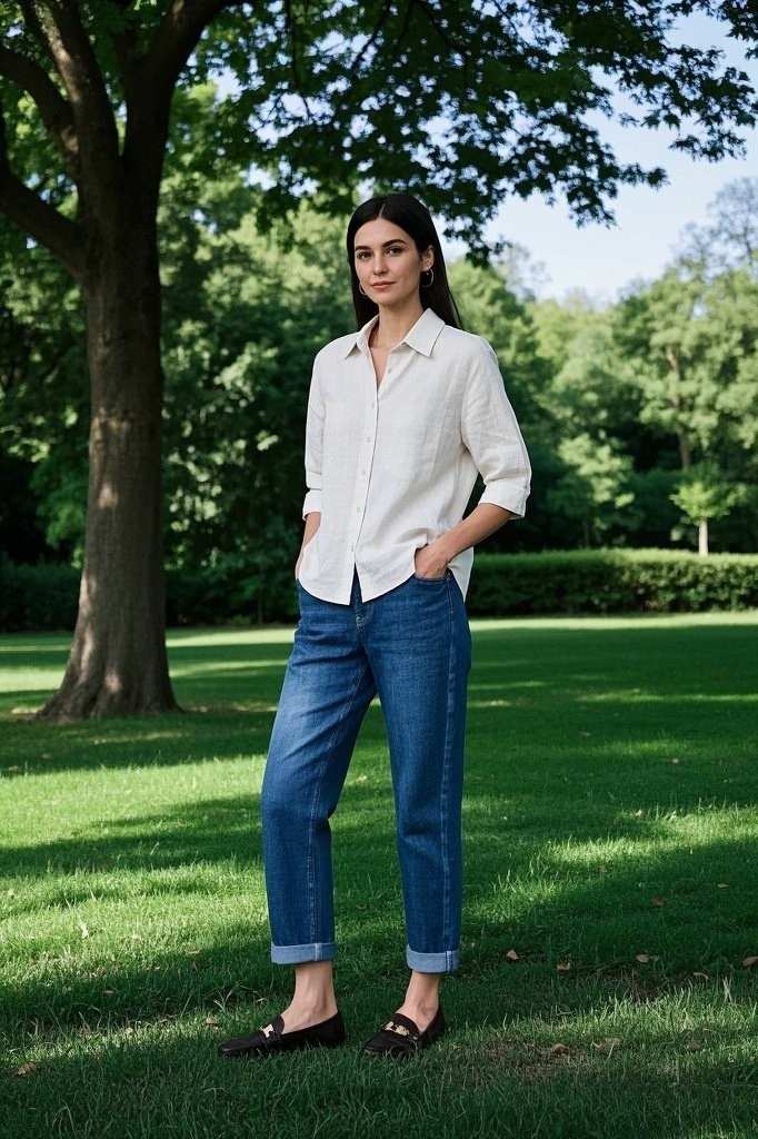 Relaxed Weekend Style: A White Button-Down Shirt - with Rolled-Up Blue Jeans - and Black Loafers
