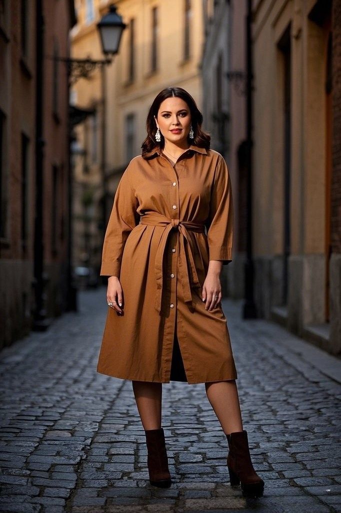 Timeless Shirt Dress: A Camel-Toned Button-Up Midi Dress - with a Waist-Cinching Belt - Complemented by Brown Suede Ankle Boots - and Elegant Earrings