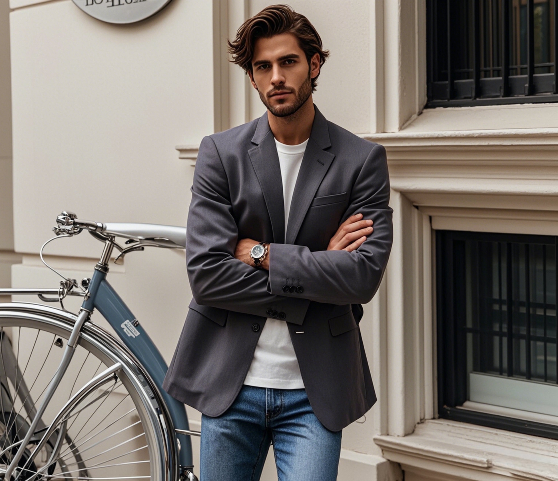 Man in a dark grey blazer with classic blue jeans