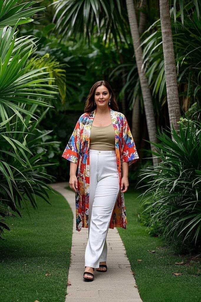 Resort Chic Layers: Colorful Floral Kimono - Over a Beige Top and White Wide-Leg Pants - Finished with Open-Toe Sandals