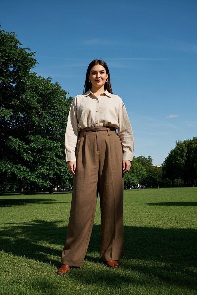 Timeless Wide-Leg Elegance: A Beige Long-Sleeve Shirt - Tucked into High-Waisted Brown Wide-Leg Trousers - Styled with Brown Shoes