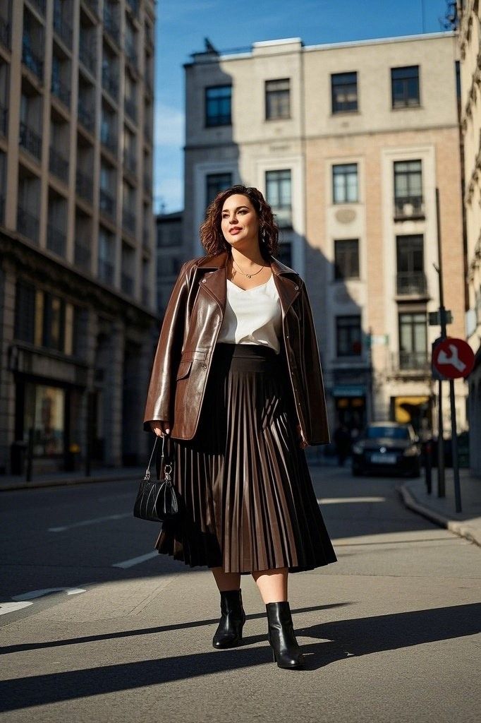 Leather & Pleats: A Structured Brown Leather Blazer - Layered over a White Top - Styled with a Pleated Black Midi Skirt - Black Ankle Boots - and a Small Handbag