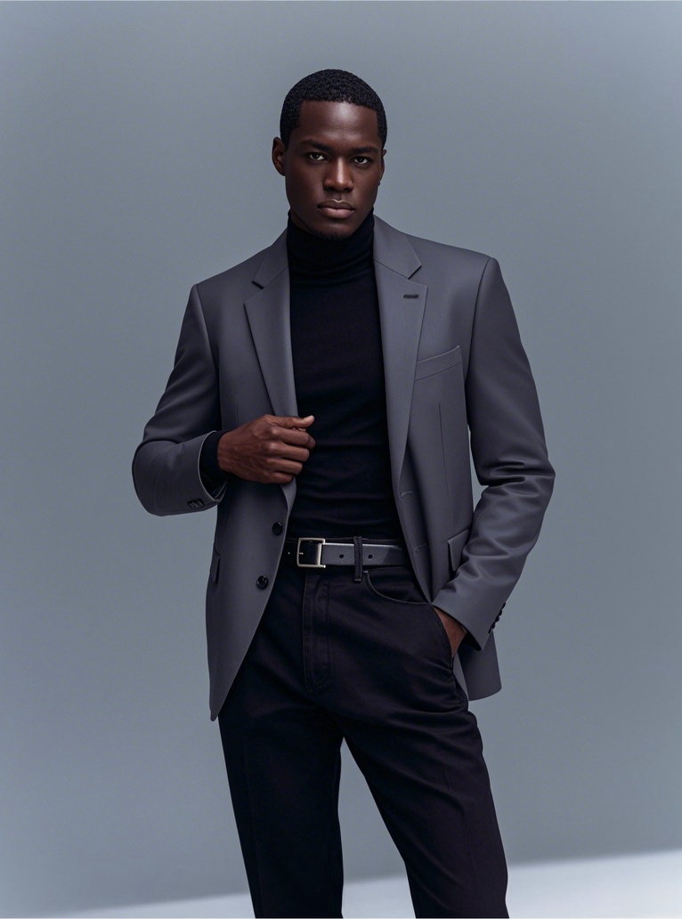 Man in a dark grey suit jacket with black trousers
