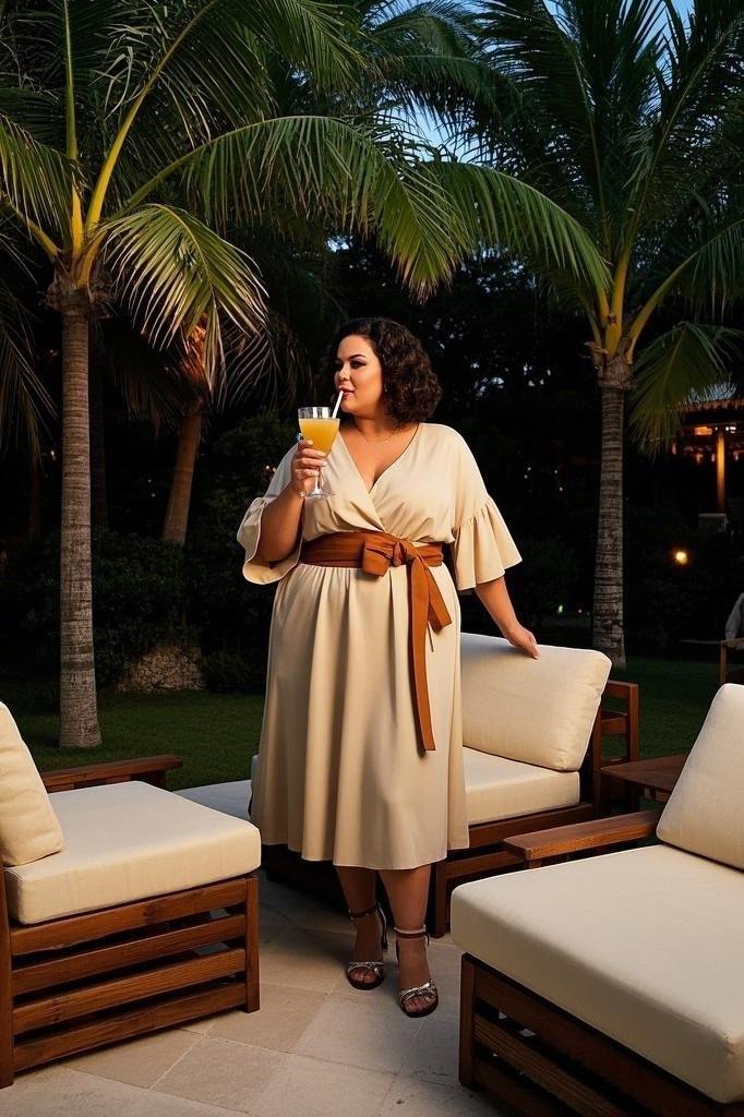 Evening Garden Glamour: Beige Wrap Dress with Flared Sleeves - A Deep V-neck - and a Wide Brown Waist Belt
