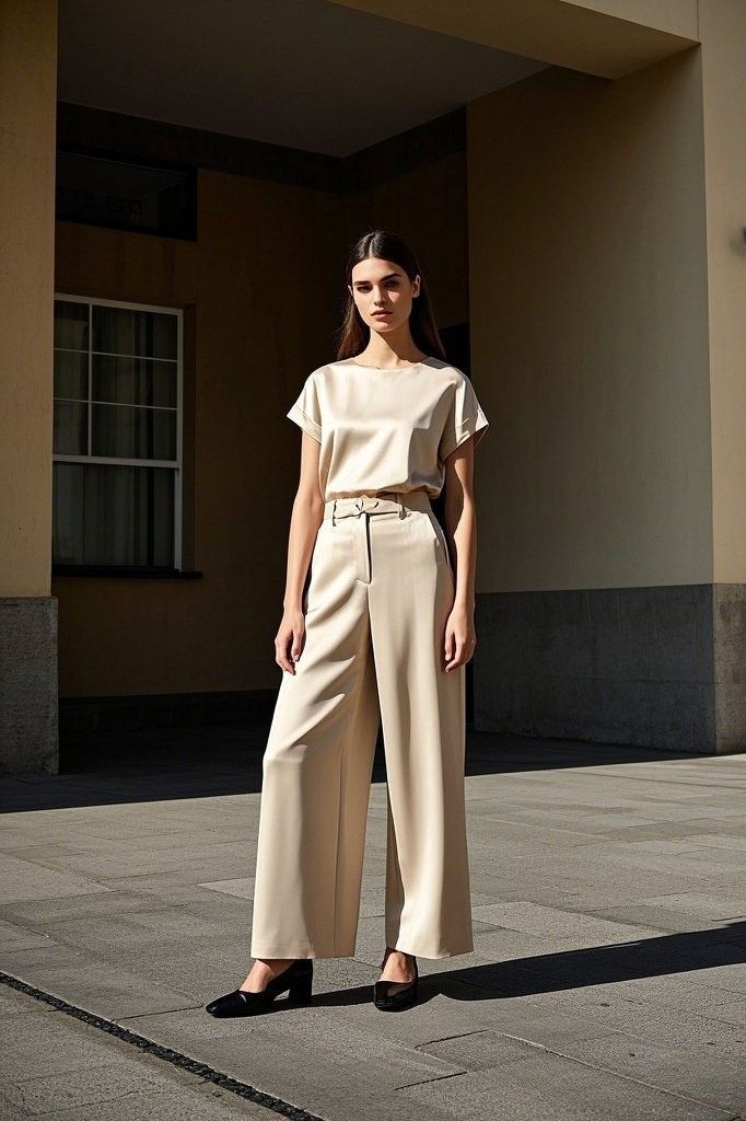 Monochrome Sophistication: A Beige Short-Sleeve Top - Paired with Matching High-Waisted Wide-Leg Trousers - and Black Block Heels