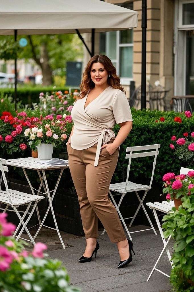 Elegant Wrap Top: A Beige Wrap-Style Blouse - with Short Sleeves - Paired with Tailored Brown Trousers - and Black Pointed Heels