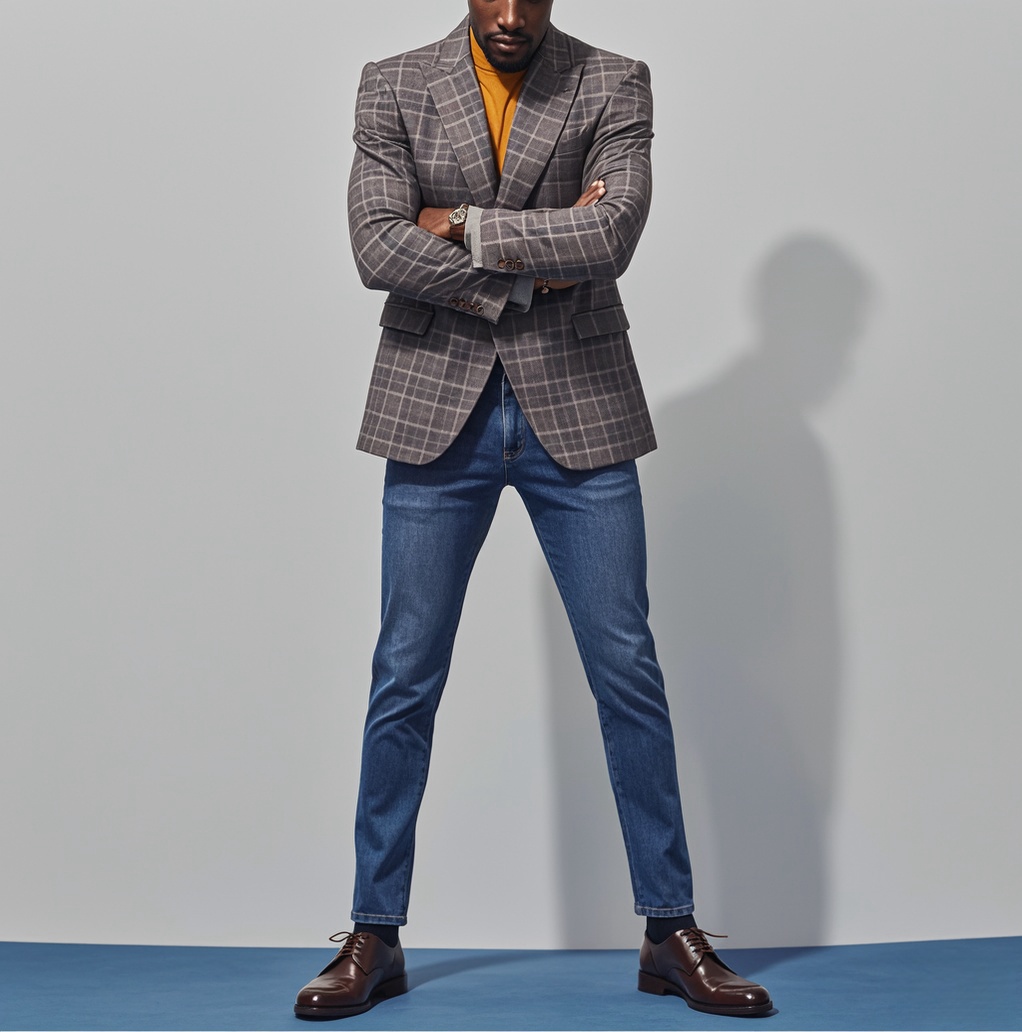 Man in a checked blazer with dark blue jeans