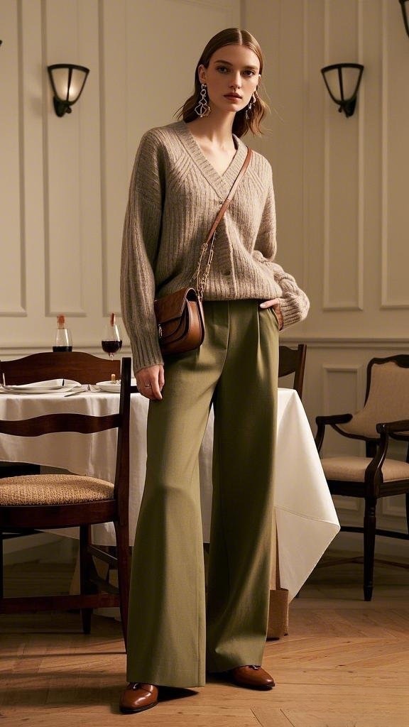 Cozy Chic: Knit Sweater & Wide-Leg Trousers for a Sophisticated Anniversary Dinner