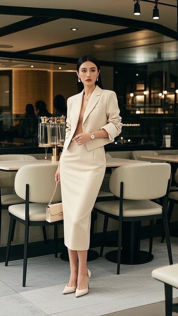 Sophisticated Chic: Cream Blazer & Pencil Skirt Ensemble for a Modern Anniversary Dinner