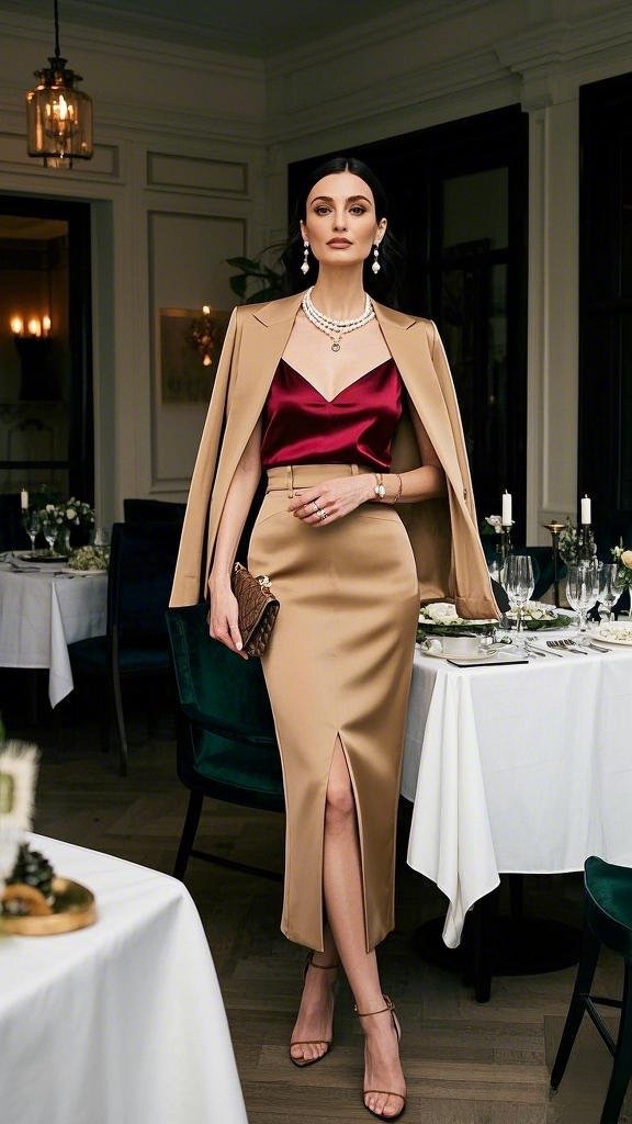 Satin Wine Red Camisole & Gold-Toned Pencil Skirt – A Luxe Anniversary Dinner Ensemble