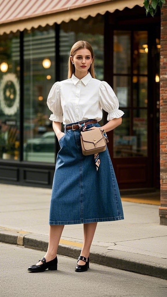 Classic White Puff-Sleeve Blouse & Denim Midi Skirt – A Timeless Anniversary Dinner Look