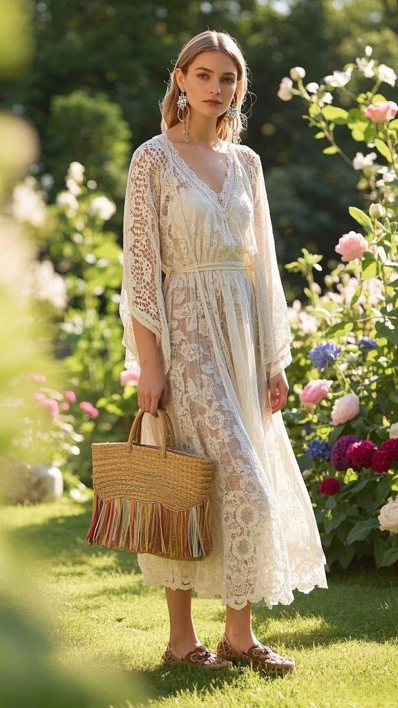 Ethereal Elegance: Lace Maxi Dress & Woven Accessories for a Romantic Garden Anniversary Dinner