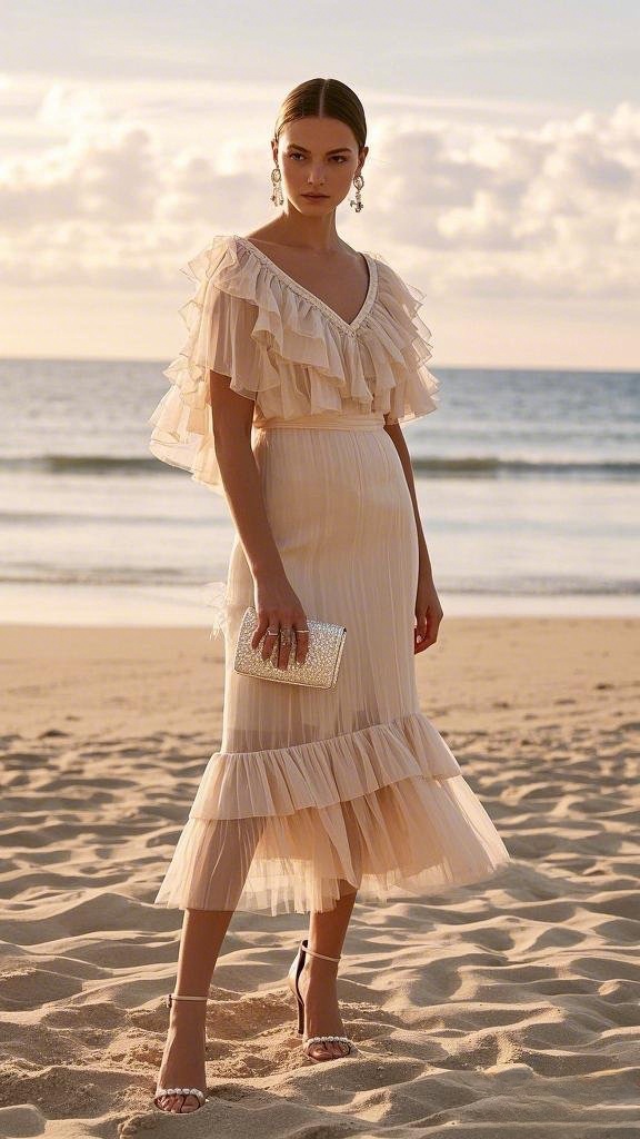 Title: Ruffled Tulle Midi Dress with Strappy Pearl Heels and Glitter Clutch