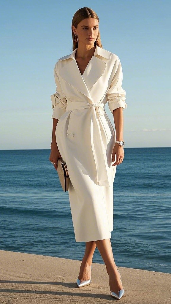 Belted Trench Dress with Metallic Heels & Minimalist Accessories