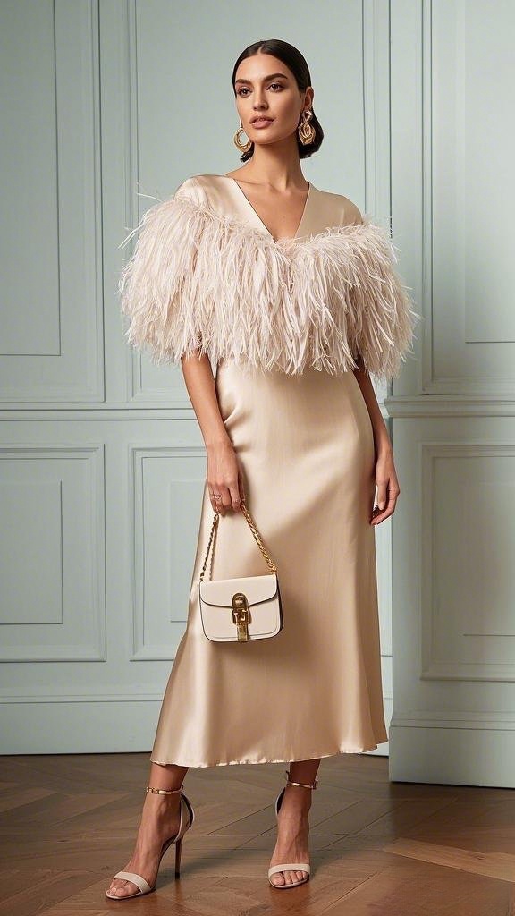 Satin Midi Dress with Feathered Off-Shoulder Detail & Elegant Accessories
