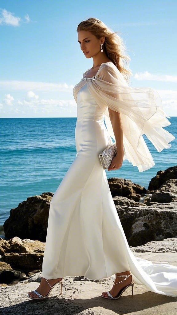 Satin Gown with Sheer Cape & Crystal Embellishments