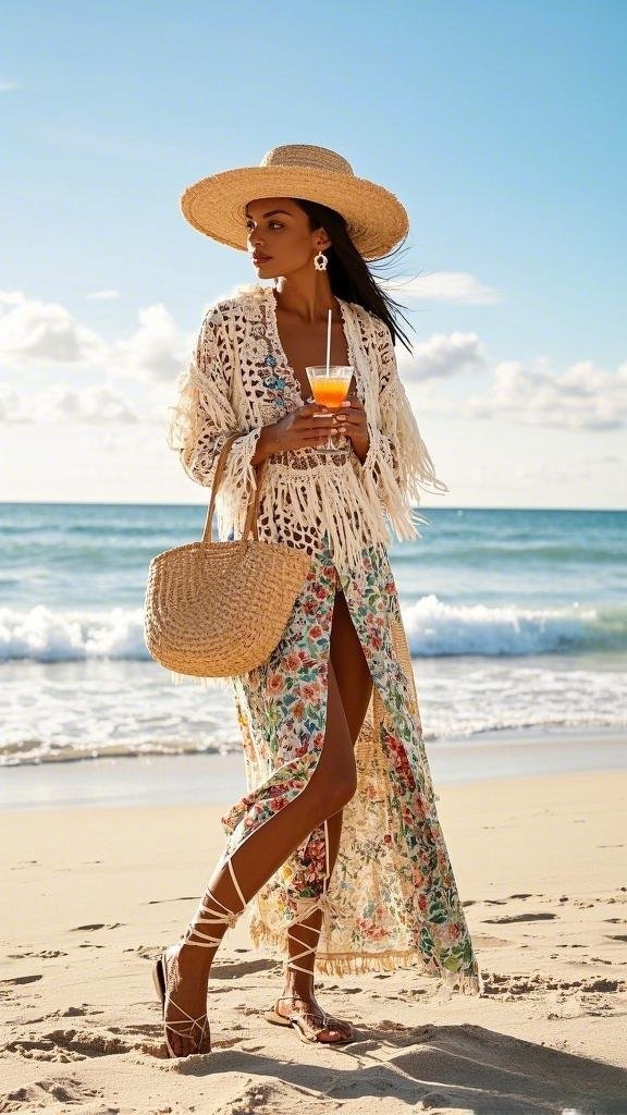 Elegant Crochet Cover-Up with Floral Slit Dress & Straw Accessories