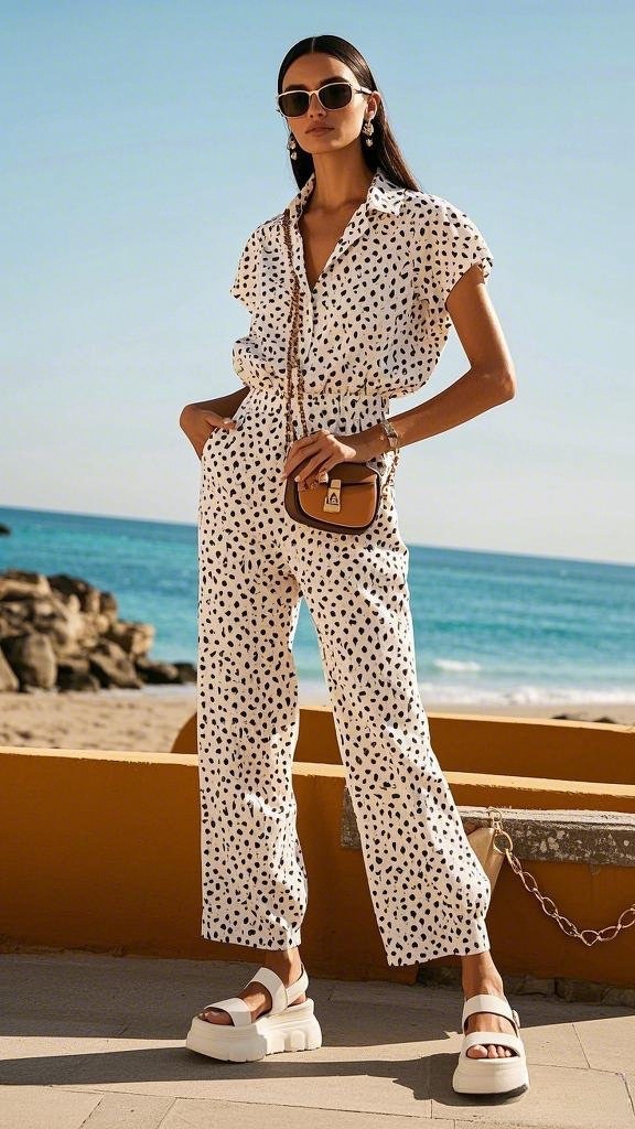 Printed Overall with Chunky Sandals and Trendy Shades