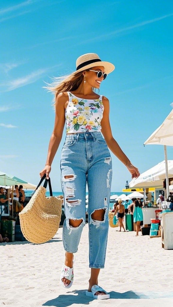 Floral Tank Top with Ripped Jeans, Straw Hat, and Woven Tote