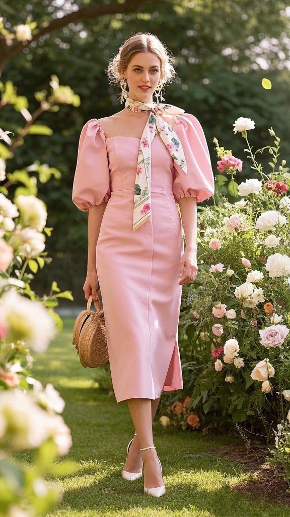 Blush Pink Elegance: A Pastel Pink Off-The-Shoulder Midi Dress - with Puff Sleeves - Paired with a Floral Scarf - A Woven Bag - and Elegant Heels