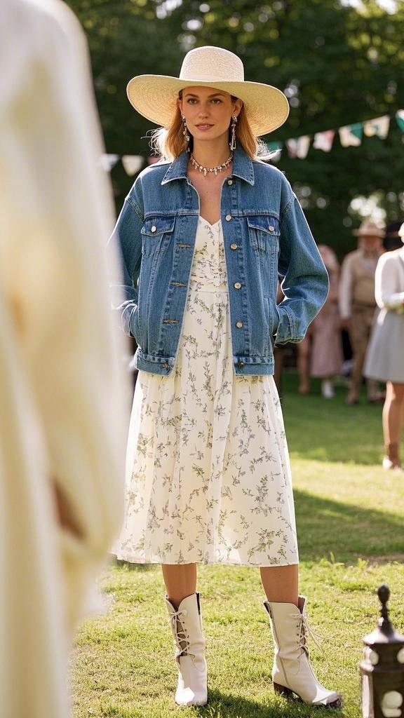 Boho Meets Western: Floral Midi Dress - Complemented with a Denim Jacket - Wide-Brimmed Hat - and Cowboy Boots