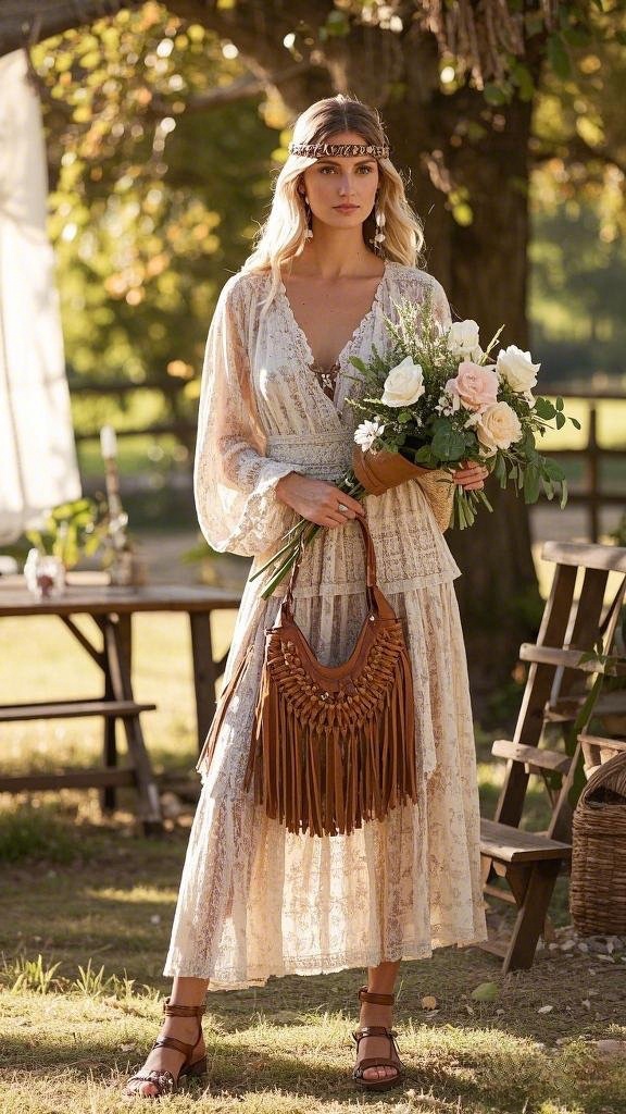 Romantic Bohemian: A Delicate Lace Maxi Dress - Styled with Boho Accessories - Including a Statement Fringed Handbag - and Strappy Sandals