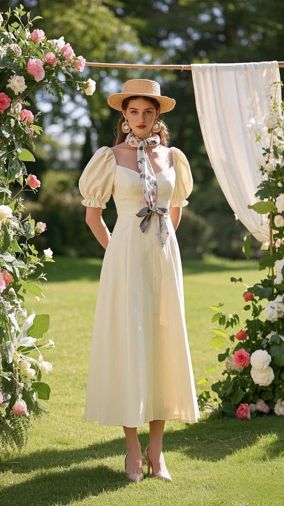 Classic Country Lady: Light Cream Puff Sleeve Midi Dress - paired with a Chic Straw Hat - a Floral Scarf - and Delicate Heels