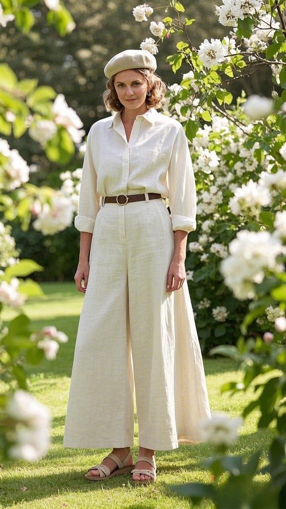 Effortless Parisian Flair: A Relaxed Yet Refined Cream Wide-Leg Jumpsuit - with a Belted Waist - styled with a Chic Beret - and Neutral-Toned Sandals
